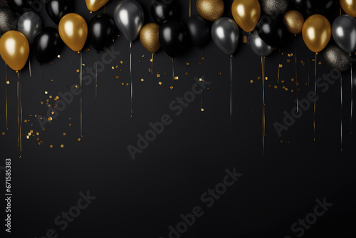 minimalist black party background with a black and golden ballons with empty copy space