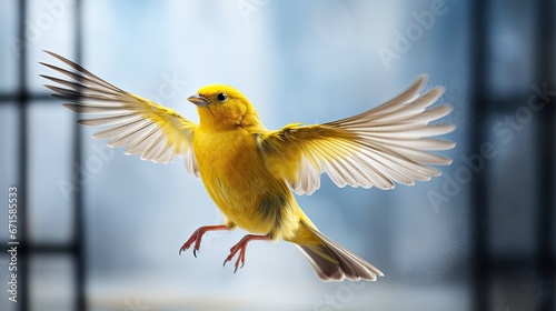 Canary escaping cage, flying toward open window 