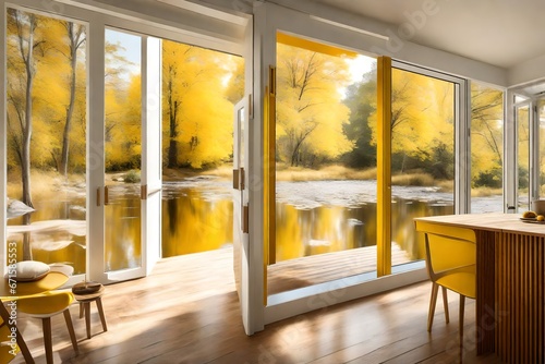 A scenic view from inside of weekend cottage by the riverside room color yellow and white