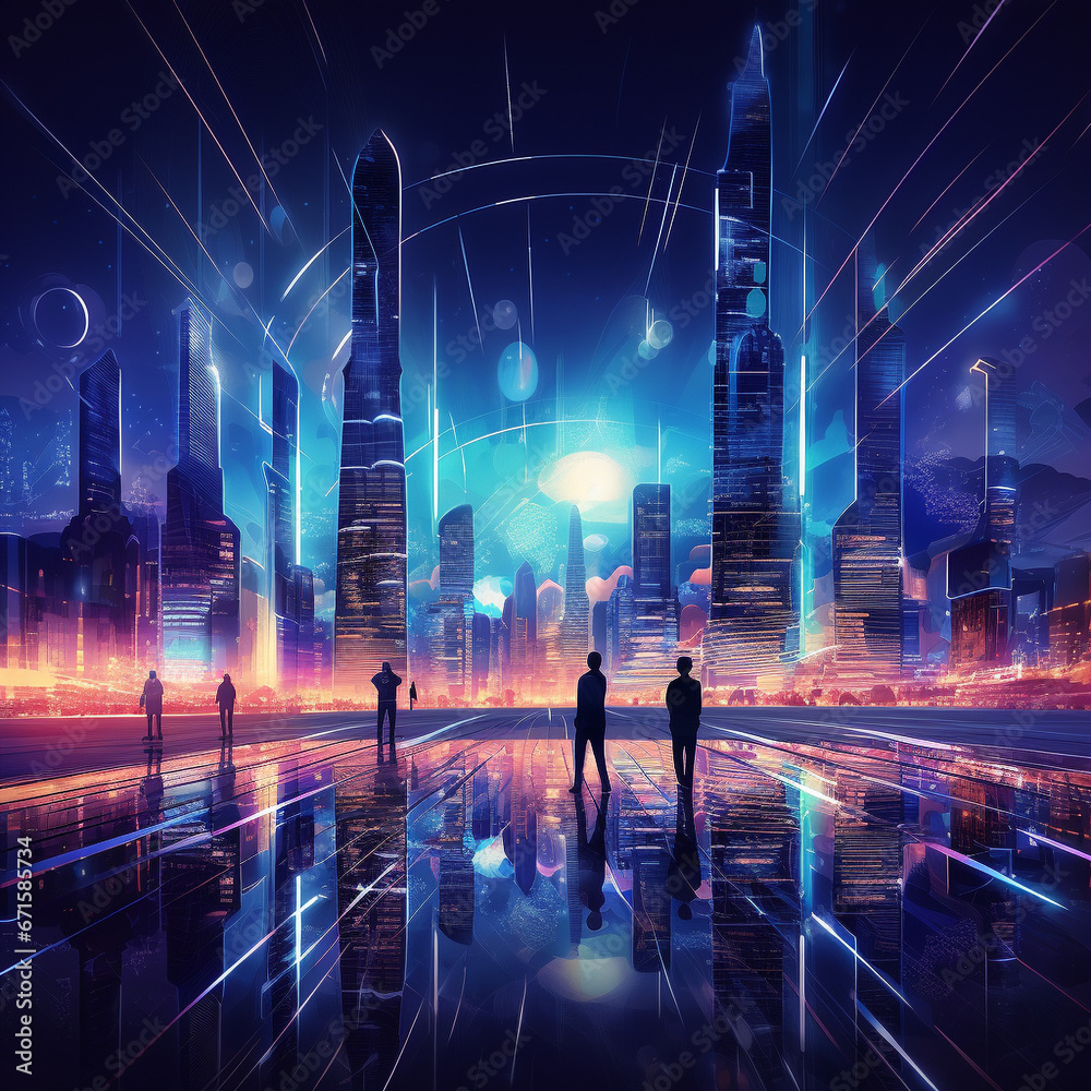 futuristic cityscape merging with digital elements
