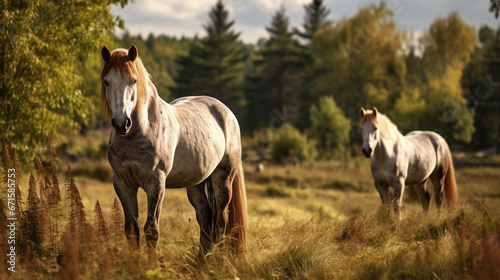 Two horses grazing together © frimufilms