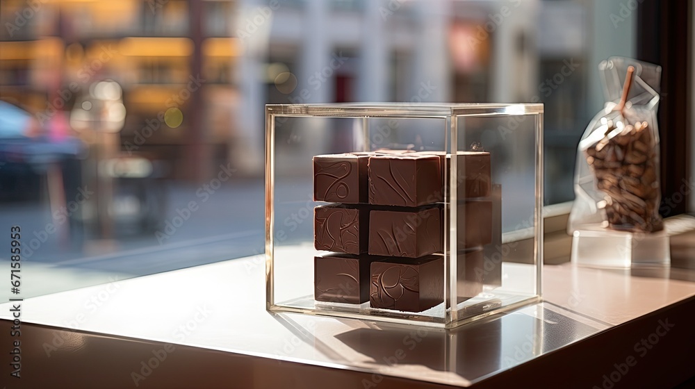 Chocolate cube in a store window at Biel, Bern canton, Switzerland.
 - obrazy, fototapety, plakaty 
