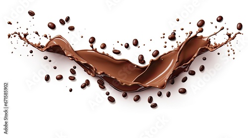 Chocolate, cocoa and coffee splashes, drops, blobs and blobs isolated on white background. Promotional product, appetizing liquid dessert, promotional splash design element. 