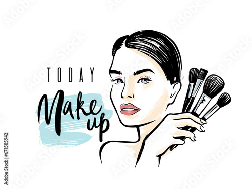 Portrait of woman with cosmetic brush near face. Girl making makeup on face