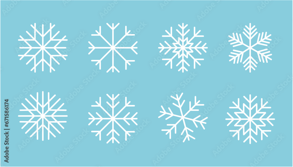 Isolated Snowflake Collection. Set of snowflakes on blue background. 