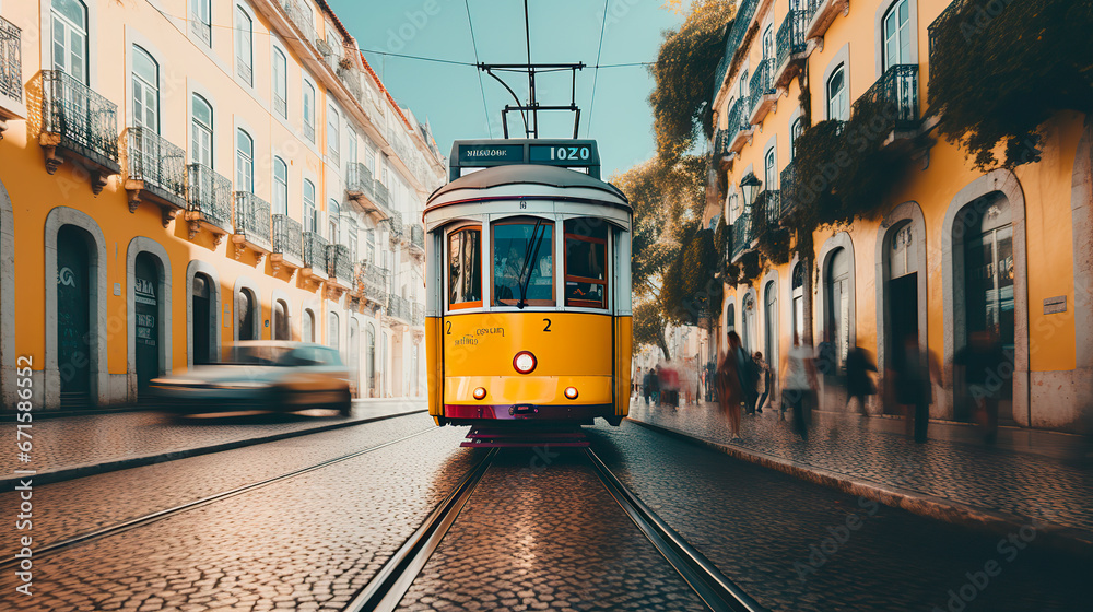  A yellow tram rides down the street city