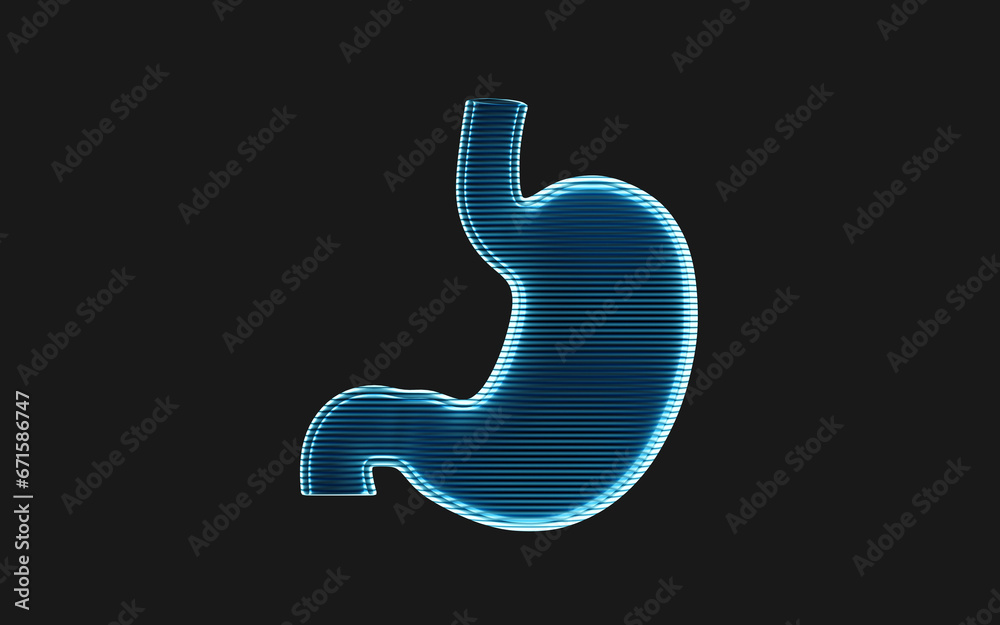 Stomach with holographic image effect, 3d rendering. Stomach with holographic image effect, 3d rendering.