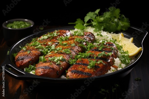 Grilled meat, shish kebab served in a skillet on wooden table background