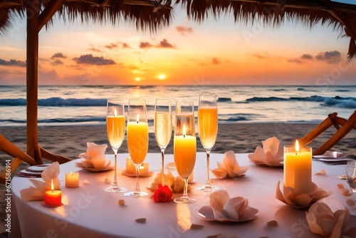 Romantic beach evening dinner during sunset: candles, champagne 