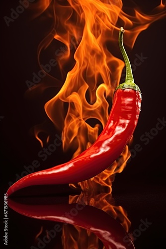 Red hot chili pepper burning in flames. Spicy food concept. Generative Ai