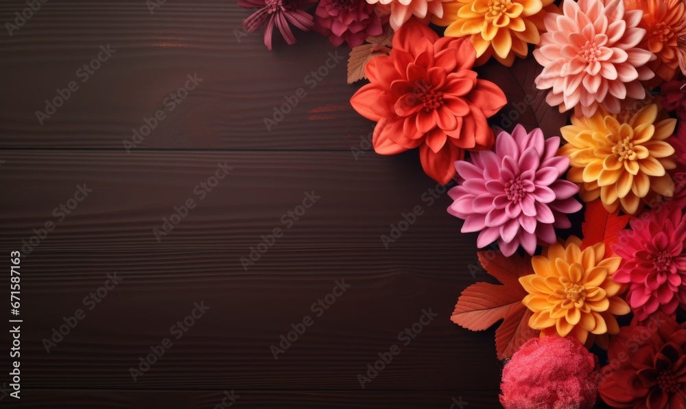 Colorful dahlia flowers on brown wooden background, top view Colorful dahlia flowers on brown wooden background, top view