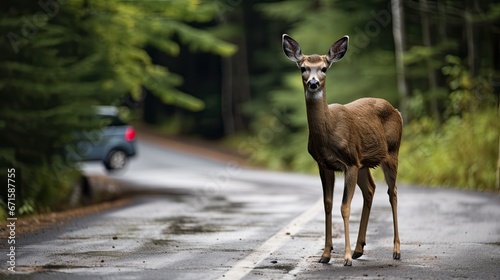Deer caught in headlights on rural road 