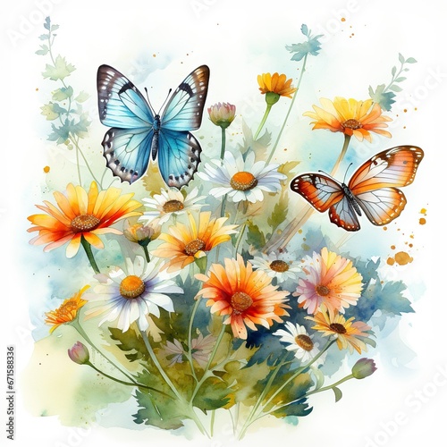 Watercolor painting of beautiful colorful butterflies and flowers..