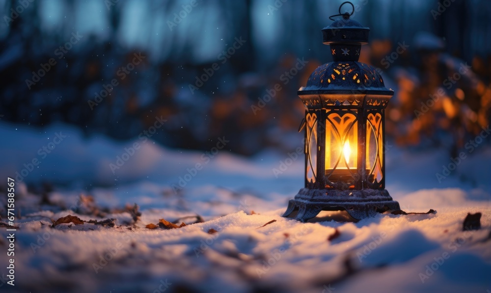 Lantern in snowy forest at night. Christmas and New Year concept. Lantern in snowy forest at night. Christmas and New Year concept.