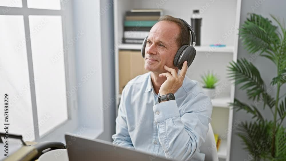 Confident middle age man, a handsome smiling manager, effortlessly combines work with pleasure at his indoor office, dancing while listening to music using his laptop and headphones. Confident middle age man, a handsome smiling manager, effortlessly combines work with pleasure at his indoor office, dancing while listening to music using his laptop and headphones.