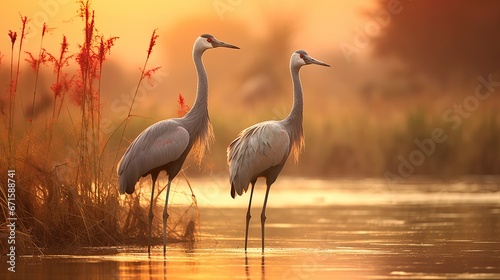 Family of Three Wattled Cranes in early morning light, Kafue NP, Zambia  © Creative Station