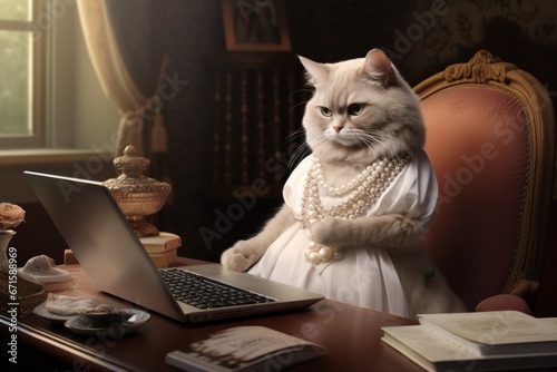 Cat in a dress and pearls using a laptop.
