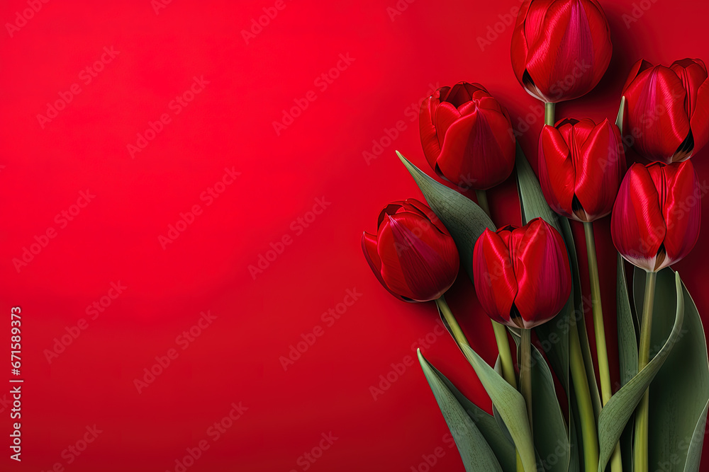 Beautiful red tulips isolated on a red background with copy space Beautiful red tulips isolated on a red background with copy space