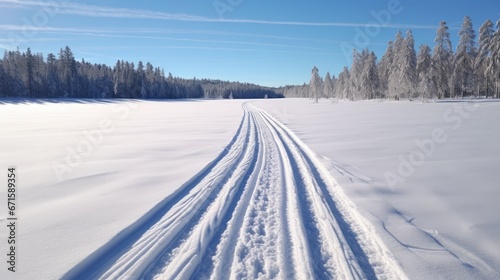 Freshly Made Ski tracks for cross-country skiing on Frozen Lake Oulujrvi in Deep Winter near Kajaani in Central Finland. 