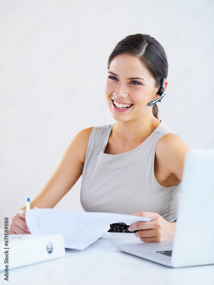 Woman thinking, call center and office communication, documents and helping with loan wall or white background. Business consultant or financial advisor with paperwork, solution and for virtual chat Woman thinking, call center and office communication, documents and helping with loan wall or white background. Business consultant or financial advisor with paperwork, solution and for virtual chat
