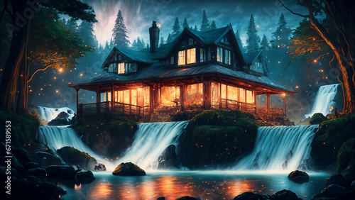 滝の音と蛍の光が心地よい夜の森に隠れた水辺の家　AI生成画像 photo