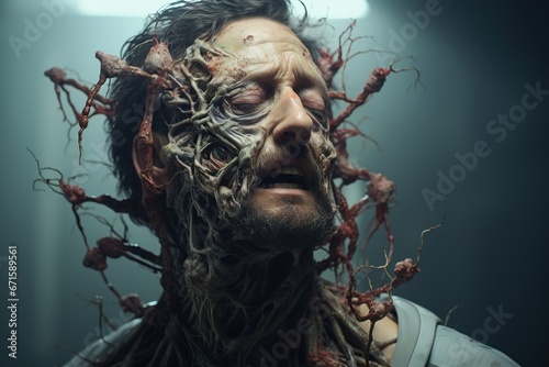 Generative AI, man with cordyceps growing on and out of his face and head, zombie