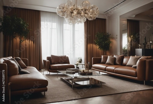 Elegant interior design of modern living room with brown leather sofa © ArtisticLens