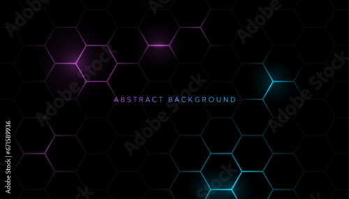 Slika na platnu Futuristic honeycomb pattern with neon blue and purple hexagons on black