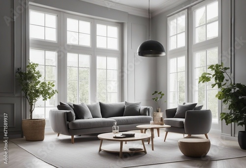 Grey sofa and round wooden table against window near white wall with frame Scandinavian home interior