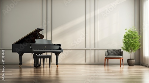 Grand piano and bench in empty room. 