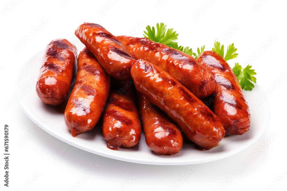 Grilled barbecue sausages isolated on white background