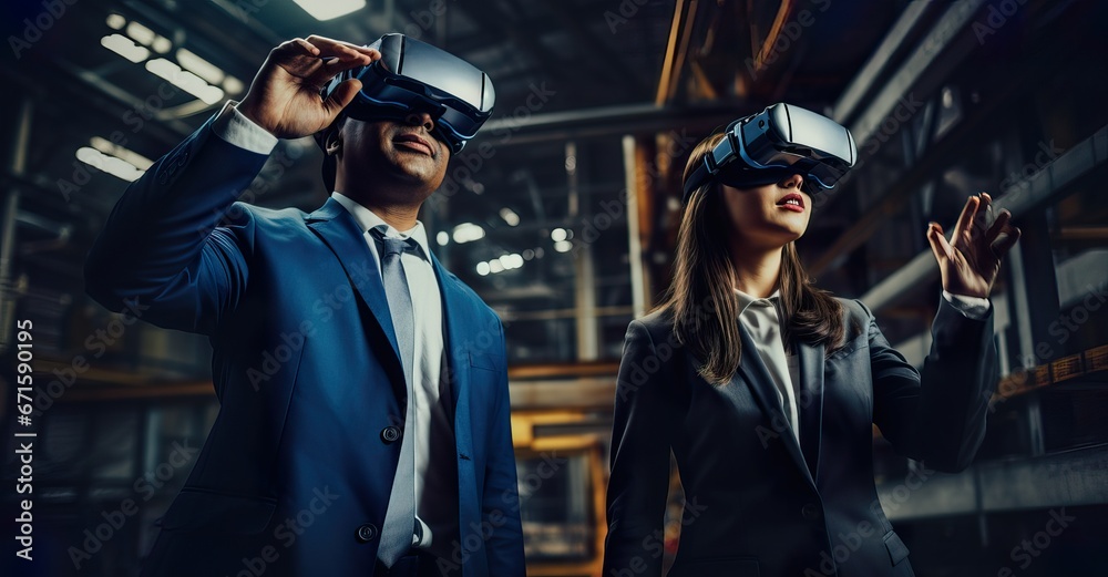 Business People Using Virtual Reality Glasses in an Industrial Factory