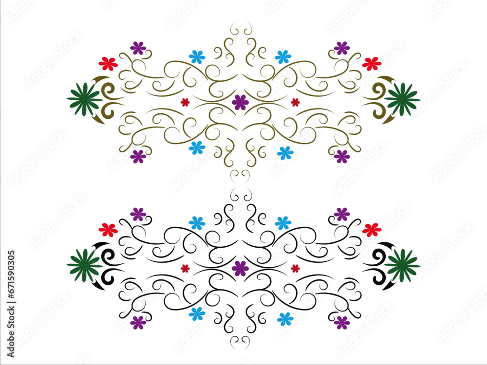 Floral vector ornament with golden and black colors and   colorful flowers.
