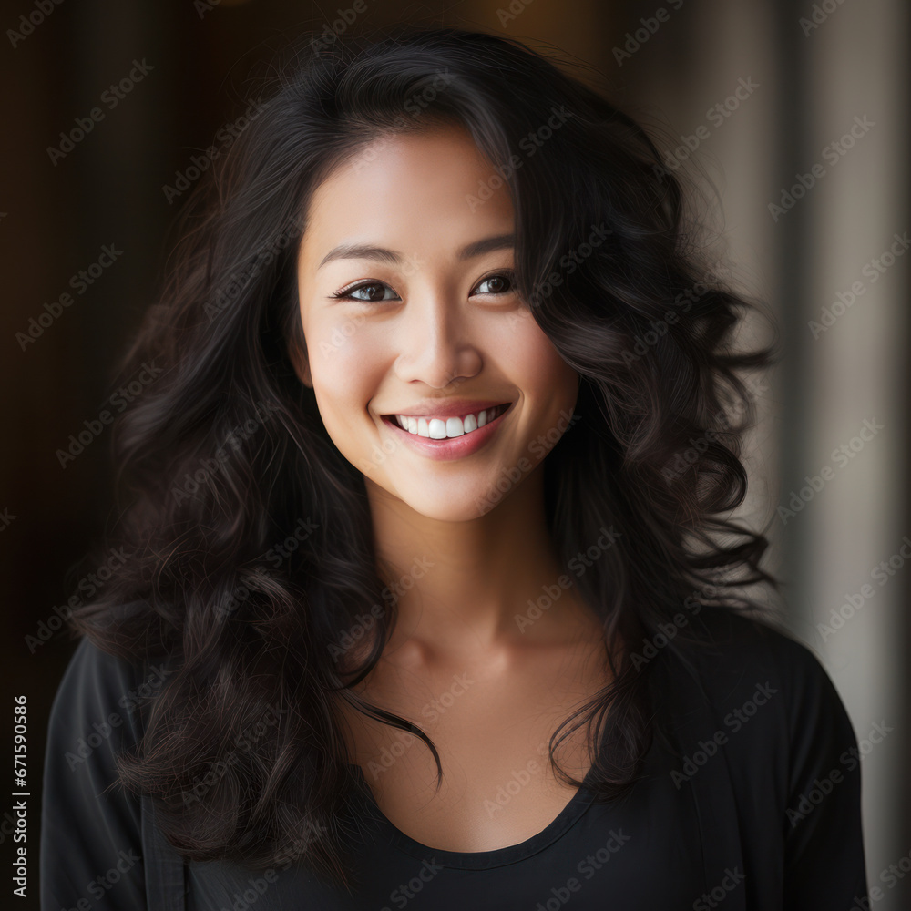 Beautiful Asian woman with wavy hair smiling at camera. Beautiful Asian woman with wavy hair smiling at camera.