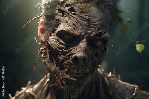 Generative AI, man with cordyceps growing on and out of his face and head, zombie © DELstudio