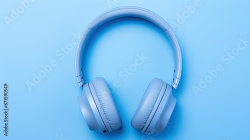 Headphones hanging against a blue background. 