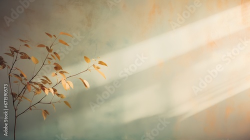Painting of light reflection on wall with branch. Watercolor pastel colors aesthetic minimalism background with neutral style. Empty wall with color gradients as elegant and simple backdrop © TensorSpark