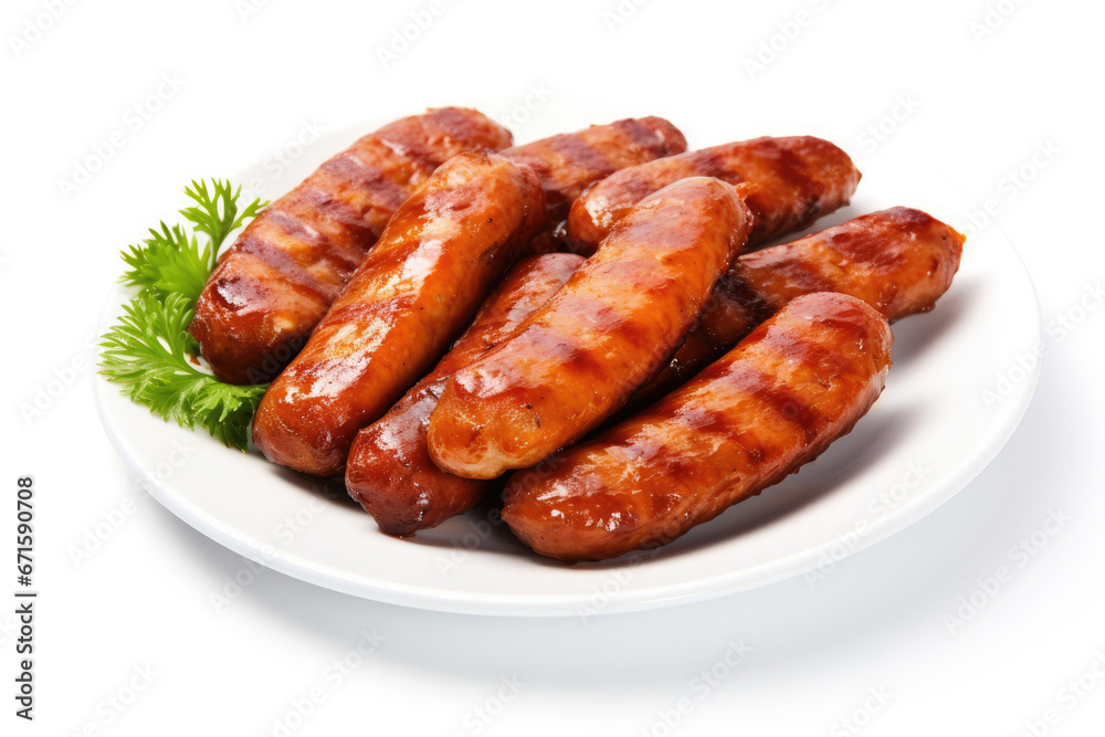 Grilled barbecue sausages isolated on white background