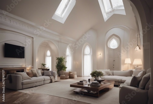 Vaulted cathedral ceiling in house Interior design of modern living room