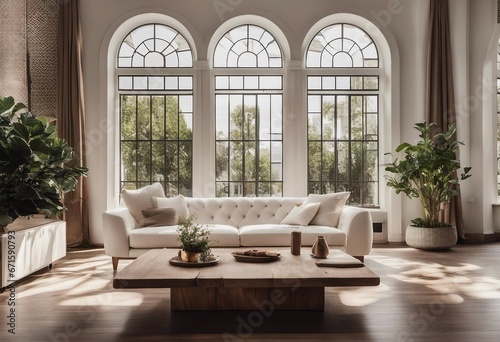 White sofa and rustic wooden stamp coffee table against arched window Hollywood glam interior design