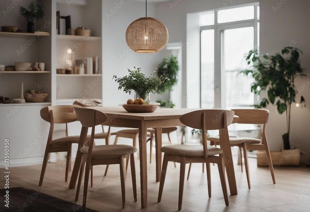 Wooden setted dining table and chairs in Scandinavian interior design of modern dining room