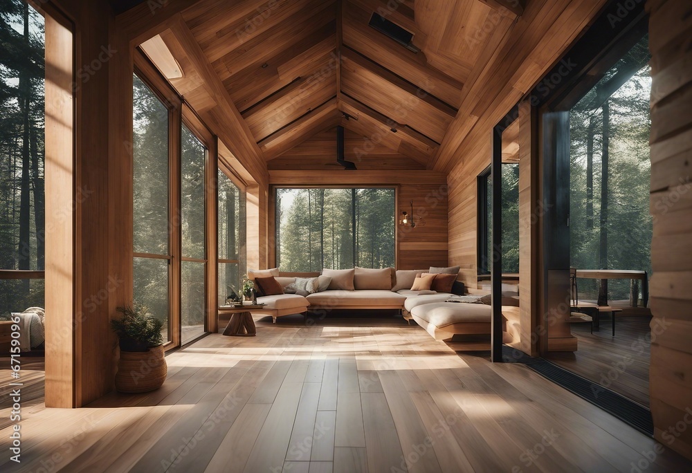 Wooden house in forest Interior design of modern living room with wooden lining Wooden house in forest Interior design of modern living room with wooden lining