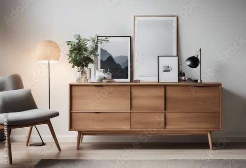 Wooden dresser and art poster on white wall Scandinavian home interior design of modern living room