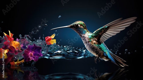 Hummingbird made of water drinking from a flower. Full 3d artwork. 