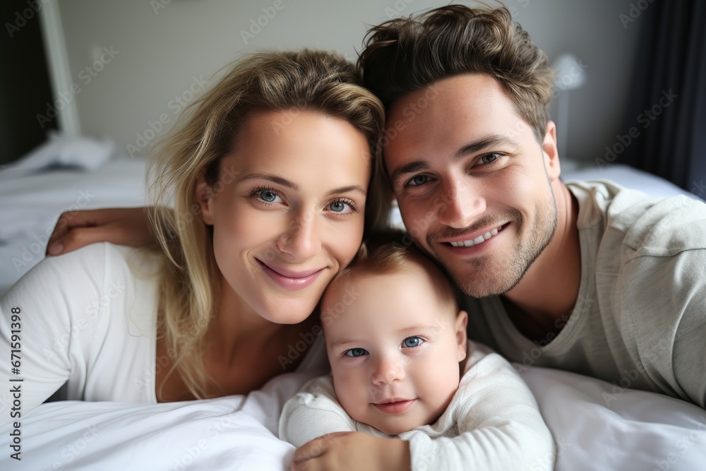 a Happy Family with a newborn baby, lying on a light bed in a very bright room