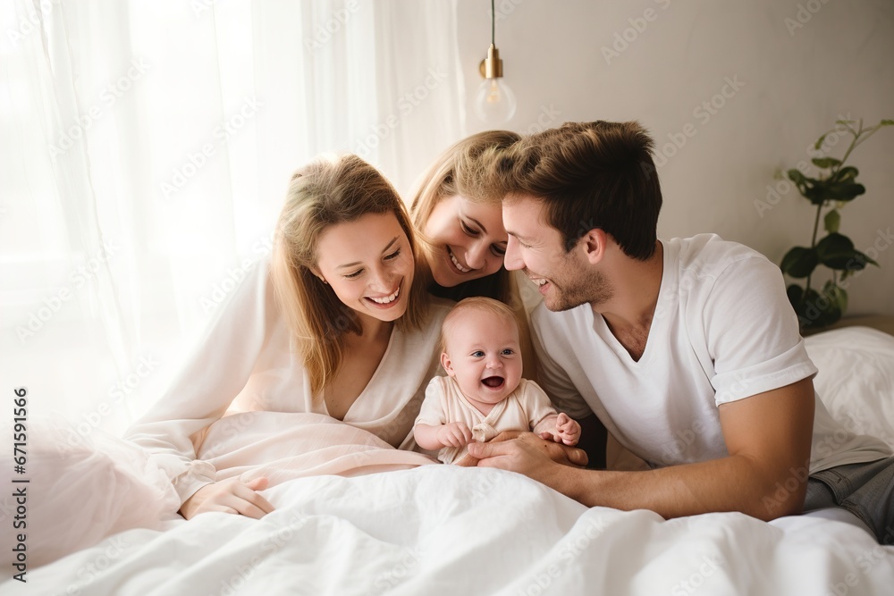 Fototapeta premium a Happy Family with a newborn baby, lying on a light bed in a very bright room
