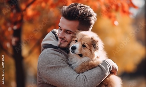A Loving Man Embracing a Adorable Pet Dog