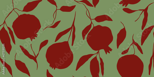 Seamless pattern of hand drawn red pomegranate and leaves. Perfect for textile manufacturing wallpaper posters etc. Vector illustration