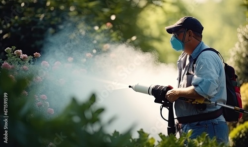 Spraying Weed Killer: A Man in Blue Shirt Tending to Garden photo