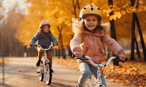 Young Girls Enjoying a Bicycle Adventure on a Colorful Autumn Path